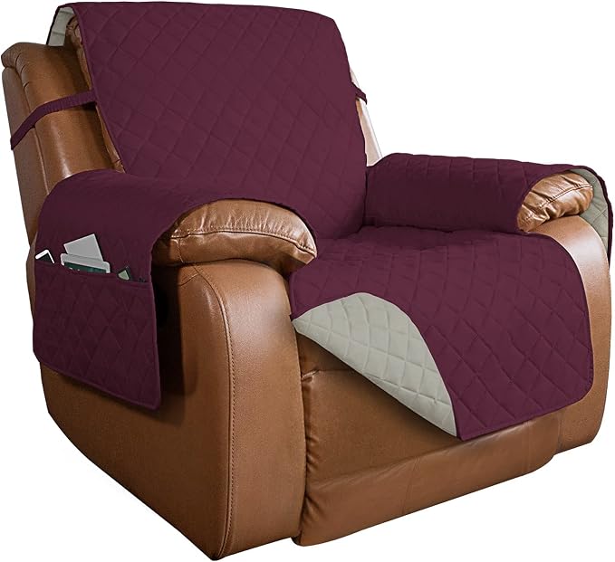 PureFit Reversible Recliner Chair Covers Couch Covers for Dogs, 28 in | Wine/Beige, Water Resistant Couch Protector, Washable Pet Couch Cover with Non Slip and Elastic Straps For Kids