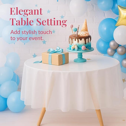 Prestee Plastic Round Tablecloths 84 Inches, 24 Pack White Disposable Table Cloths for Parties, Waterproof and Stain-Resistant Round Table Covers for Weddings, Holidays, Events, and Fine Dining