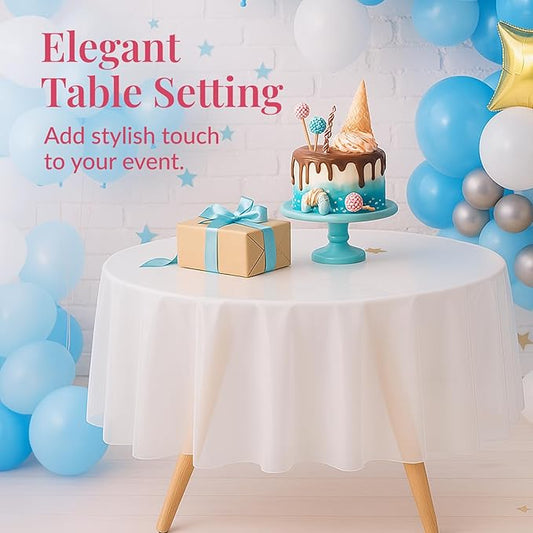 Prestee Plastic Round Tablecloths 84 Inches, 24 Pack White Disposable Table Cloths for Parties, Waterproof and Stain-Resistant Round Table Covers for Weddings, Holidays, Events, and Fine Dining