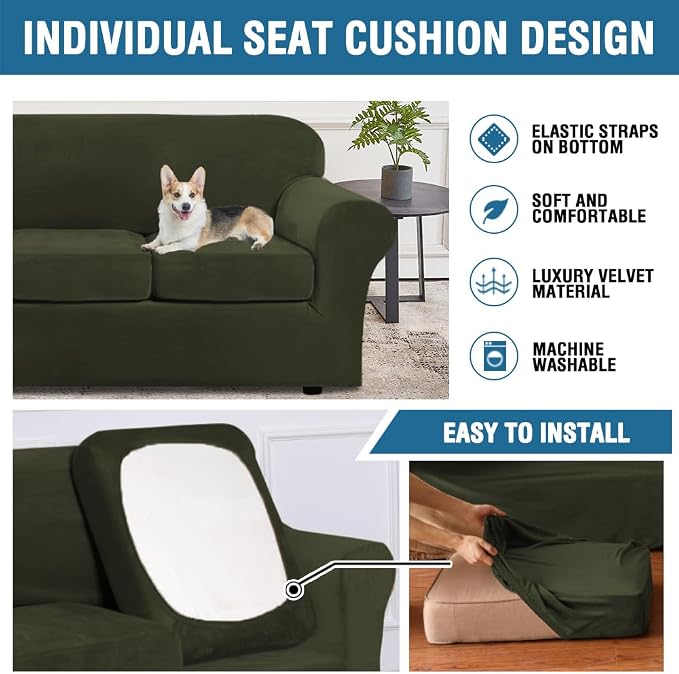 H.VERSAILTEX Modern Velvet Plush 4 Piece High Stretch Sofa Slipcover Furniture Protector Form Fit Velvet Extra Large Sofa Cover for 3 Cushion Couch Width Up to 105 Inch (XL Sofa, Olive)