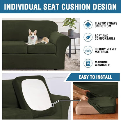 H.VERSAILTEX Modern Velvet Plush 4 Piece High Stretch Sofa Slipcover Furniture Protector Form Fit Velvet Extra Large Sofa Cover for 3 Cushion Couch Width Up to 105 Inch (XL Sofa, Olive)