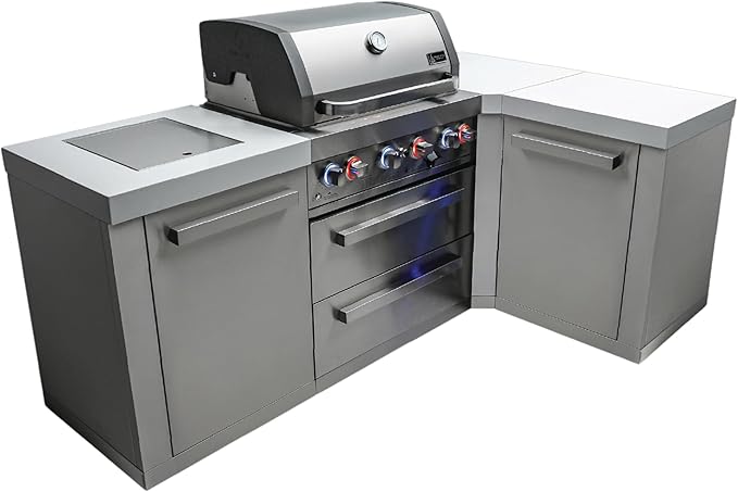 Mont Alpi Premium 82"W x 50"D Stainless Steel L-shaped Modular Outdoor Kitchen Island with Infrared Side Burner + 32"W 4-Burner BBQ Gas Grill + White Granite Countertops + Storage Cabinets + Drawers