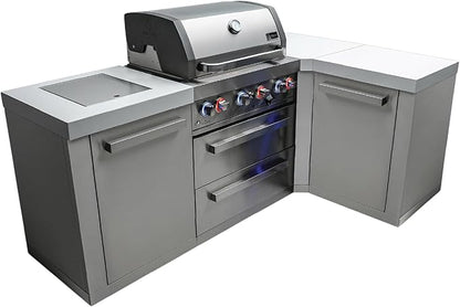 Mont Alpi Premium 82"W x 50"D Stainless Steel L-shaped Modular Outdoor Kitchen Island with Infrared Side Burner + 32"W 4-Burner BBQ Gas Grill + White Granite Countertops + Storage Cabinets + Drawers