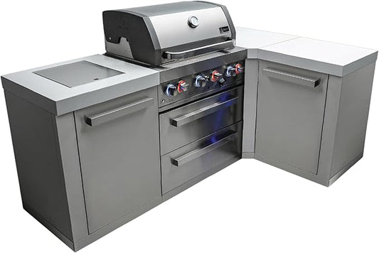Mont Alpi Premium 82"W x 50"D Stainless Steel L-shaped Modular Outdoor Kitchen Island with Infrared Side Burner + 32"W 4-Burner BBQ Gas Grill + White Granite Countertops + Storage Cabinets + Drawers