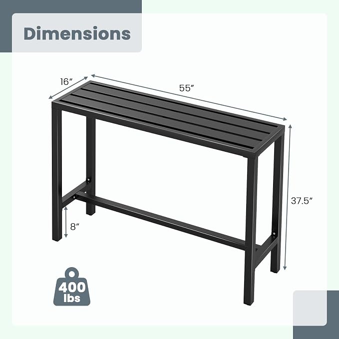 GIANTEX Outdoor Rectangle Bar Table with Counter Height, Slatted Top & Footrest, Heavy-Duty Metal Frame, 400Lbs Capacity, High Pub Table for Patio, Deck, Yard, Hot Tub, Balcony, Black (55")