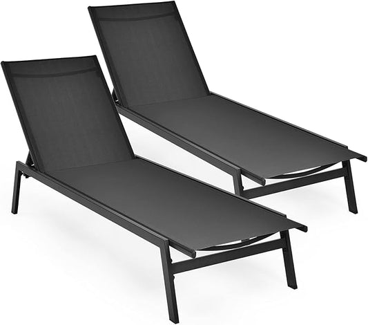 Tangkula Outdoor Chaise Lounge Chair Set of 2, 6-Position Adjustable Reclining Chair with Breathable Fabric and Heavy Duty Steel Frame, Patio Lounge Chair for Garden, Backyard and Poolside (2, Black)