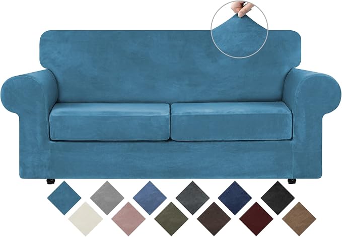 WEERRW Velvet Stretch 3 Pieces Couch Cover for Sofa Washable, Peacock Blue | Love Seat Couch Covers for 2 Cushion Couch Sofa Furniture Protector slipcoves with Elastic Bottom for Kids, Medium