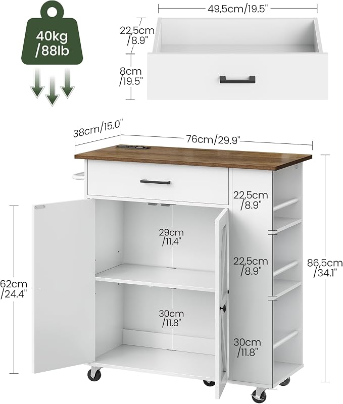 CHOEZON Kitchen Island Cart with Storage, Bar Cart with Charging Station, Kitchen Island on Wheels, Rolling Mobile Table with Cabinet, 3 AC Outlets, White and Walnut MZD04UWL
