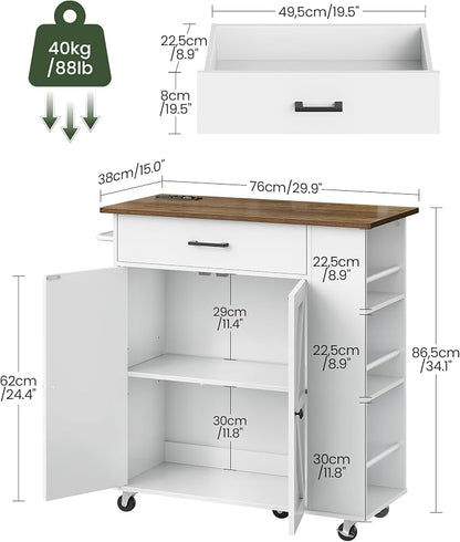 CHOEZON Kitchen Island Cart with Storage, Bar Cart with Charging Station, Kitchen Island on Wheels, Rolling Mobile Table with Cabinet, 3 AC Outlets, White and Walnut MZD04UWL