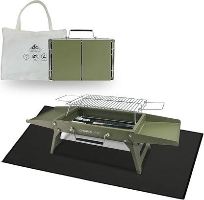 Charmline 14x9inch Small Foldable Portable Charcoal Grill, Charcoal Grills for Camping, Picnics, Gardens and Beach Parties, Green, With 32x20in Fireproof Mat