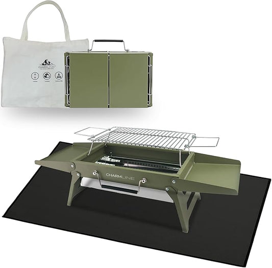 Charmline 14x9inch Small Foldable Portable Charcoal Grill, Charcoal Grills for Camping, Picnics, Gardens and Beach Parties, Green, With 32x20in Fireproof Mat