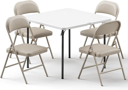 Folding Table and Chairs Set for 4, 36 Inch Foldable Card Table with Carrying Handle & 4 PU Leather Padded Folding Chairs, Portable Indoor Outdoor Dining Table Set for Picnic, Camping, RV, Game Night