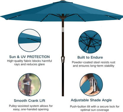 9' Solar LED Patio Umbrella with Tilt & Crank|8 Sturdy Ribs,UV Protection,Outdoor Market Table Umbrella for Deck,Lawn,Pool,Backyard(Lake Blue)