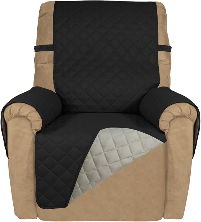 PureFit Reversible Recliner Chair Covers Couch Covers for Dogs, 19 in | Black/Beige, Water Resistant Couch Protector, Washable Pet Couch Cover with Non Slip and Elastic Straps For Kids
