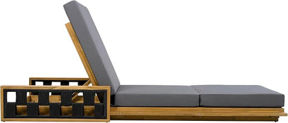 Merax Patio Chaise Lounge with 4-Position Adjustable Backrest, Acacia Wood Outdoor Sunbathing Recliner Chair & 4" Thick Triple-fold Cushion for Poolside, Garden, Backyard, Patio, Dark Gray