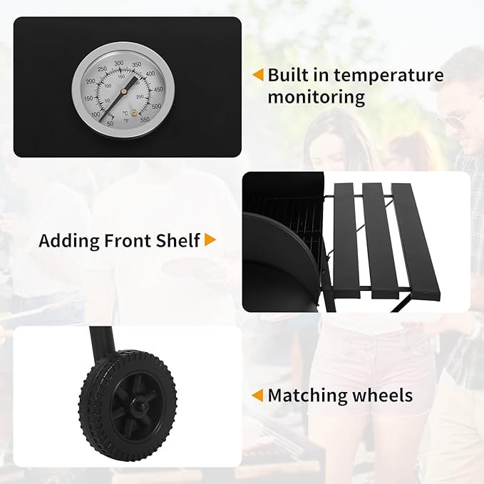 43"Charcoal Grills with 2 Wheels Portable Charcoal Grill Side Fire Box, Outdoor BBQ Grill for 6-10 People Patio Backyard Camping Picnics, Black