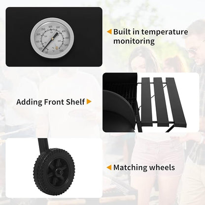 43"Charcoal Grills with 2 Wheels Portable Charcoal Grill Side Fire Box, Outdoor BBQ Grill for 6-10 People Patio Backyard Camping Picnics, Black