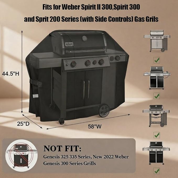 QuliMetal 58 Inch Grill Cover for Weber Genesis 300 & Genesis II 300 Series Grills, 600D Waterproof Heavy Duty and Fade Resistant BBQ Gas Grill Cover, Compared to Weber 7130