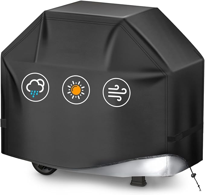 BBQ Gas Grill Cover for Outdoor, Anti-UV, Rip-Proof, 600D Oxford Fade Resistant Material, Barbecue Cover with Hook and Loop Straps & Adjustable Hem Drawstring (Black, 52”x26”x43”)
