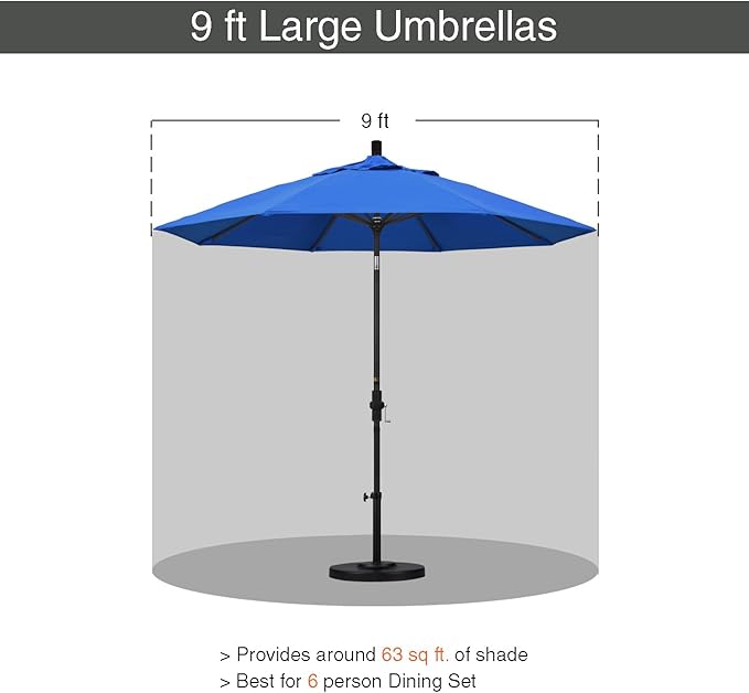 California Umbrella 9' Round Aluminum Market Umbrella, Crank Lift, Collar Tilt, White Pole, Royal Blue Olefin