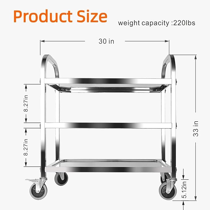 Nisorpa 3 Tier Kitchen Rolling Cart, Stainless Steel, L30 x W16 x H33 Inch | Utility Cart with Wheels, Serving Trolley, Catering Storage Shelf, 2 Lockable Wheels, For Hotel, Restaurant, Home Use
