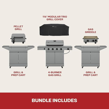 Tytus Anaheim 4-Burner Gas Grill with Two Prep Carts, Pellet Smoker, and Gas Griddle with Cover - Modular Outdoor Kitchen, Quick Assembly, Grill for Outdoor Cooking, Kitchen Island for BBQ