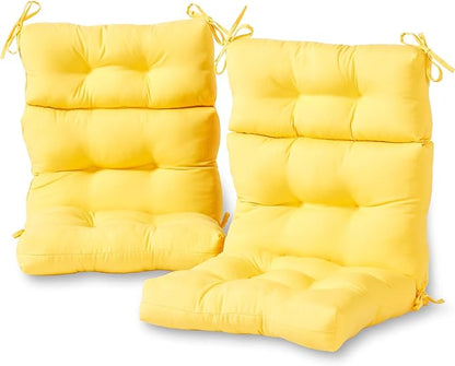 Outdoor Tufted High-Back Chair Cushions, One-Piece Hinged Seat and Back Design, Reversible with 4 Ties, Durable Polyester Fabric, Recycled Fiber Fill - Set of 2, Sunbeam