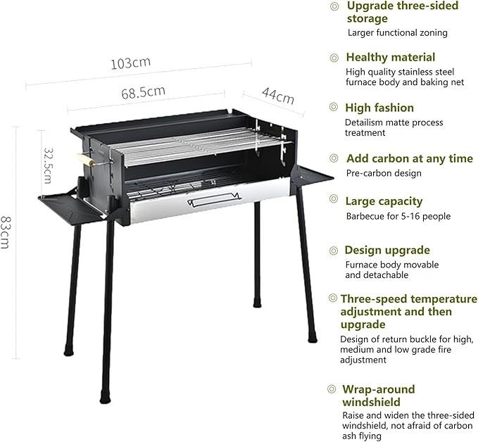 Portable Charcoal Grill, Foldable BBQ Charcoal Grill, 3 Gear Adjustable Temperature Windproof Smoker Grill, Large Camping Barbecue Charcoal Grills for Outdoor Cooking Barbecue Camping BBQ (Black)
