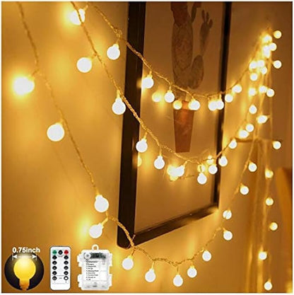 Globe String Lights Battery Operated Warm White ，Water Proof 1 Pack 33FT 80 LED Globe Fairy String Light 8 Modes with Remote Control, for Home, Party, Christmas, Wedding, Garden Decoration