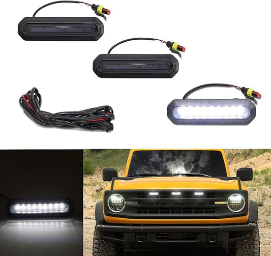 3PCS for 2021 2022 2023 Bronco Accessories Front LED Grill Light 2/4-Door White OEM Smoked Grille Lights