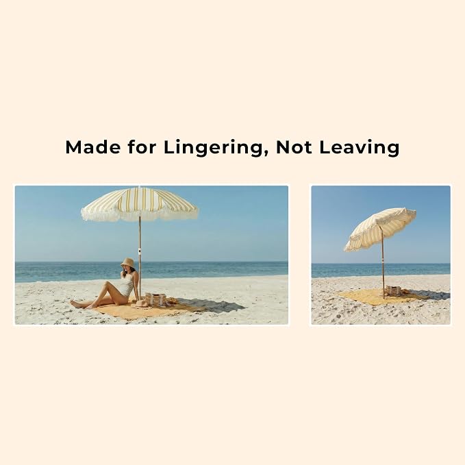 6FT Striped Fringe Beach Umbrella, Sand Anchor, UPF 50+ Sun Shade | Adjustable Tilt & Portable Design, Coastal Umbrella for Beach & Patio, Heritage Mimosa Stripe
