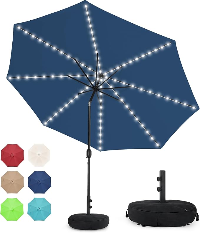 Sundale Outdoor 88 LED 10 FT Solar Patio Umbrella with Base, Navy | Sand Bag Umbrella Base, Tilt, Crank, Solar Lights
