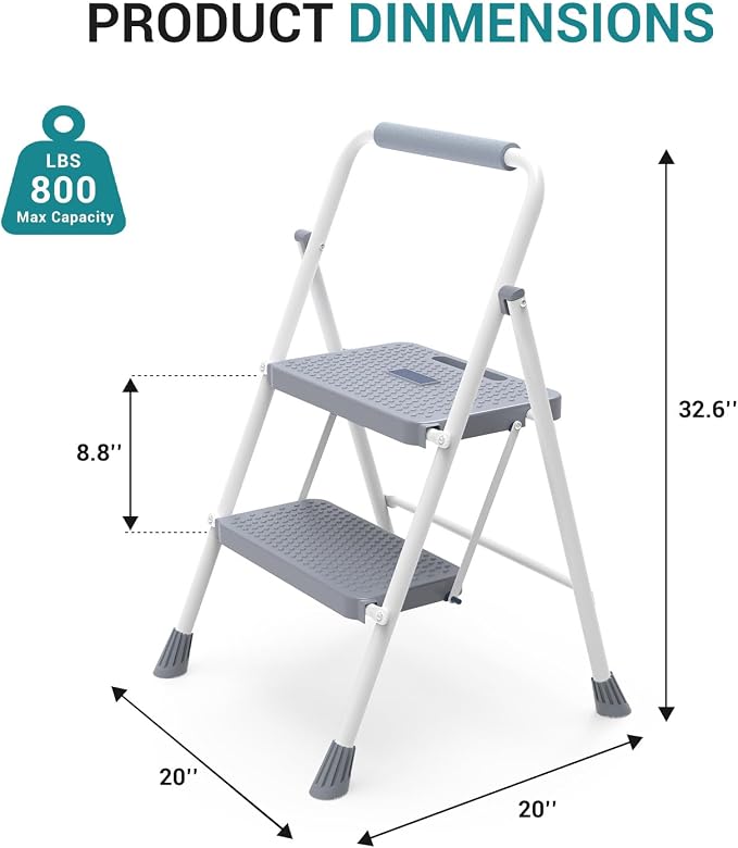 OLIXIS 2 Step Ladder, 880lbs Heavy Duty Step Stool with Anti-Slip Pedal | Portable Stepping Stool with Sturdy Ladder & Comfortable Handrail, for Kitchen, Garage & Outdoor Use, Grey