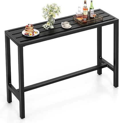 GIANTEX Outdoor Rectangle Bar Table with Counter Height, Slatted Top & Footrest, Heavy-Duty Metal Frame, 400Lbs Capacity, High Pub Table for Patio, Deck, Yard, Hot Tub, Balcony, Black (55")