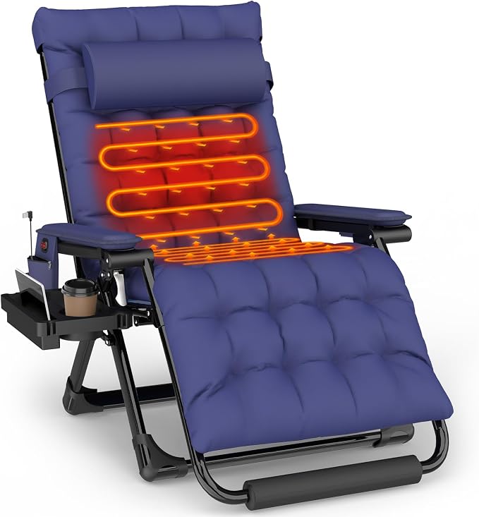 Slendor Heated Oversized Zero Gravity Chairs 33In, XXL Lounge Chair, Blue | Anti Gravity Recliner with 3 Heat Levels for Back & Seat, Headrest & Cup Holder, Folding, Supports 500lbs, (Battery Not)
