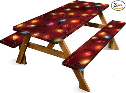 Christmas Picnic Table Cover with Bench Cover, Outdoor Picnic Table Elastic Tablecloth, Red Holiday Light Design, Camping, Barbecue and Christmas Parties