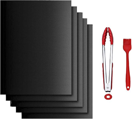 Grill Mats for Outdoor Grill, Set of 5 Reusable Gril Mat for Outdoor Barbecue with Basting Brushes and 12inch Grill Tongs, Oven Liners for Bottom of Oven 100% Non-Stick 15.75 x 13 Inch