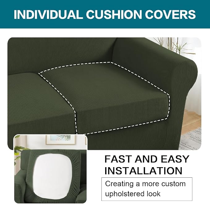 Turquoize 4 Piece Sofa Covers for 3 Cushion Couch Sofa Slipcover Soft Couch Cover for Dogs-Washable Sofa Furniture Covers with 3 Individual Large Cushion Covers (XL Sofa, Olive)
