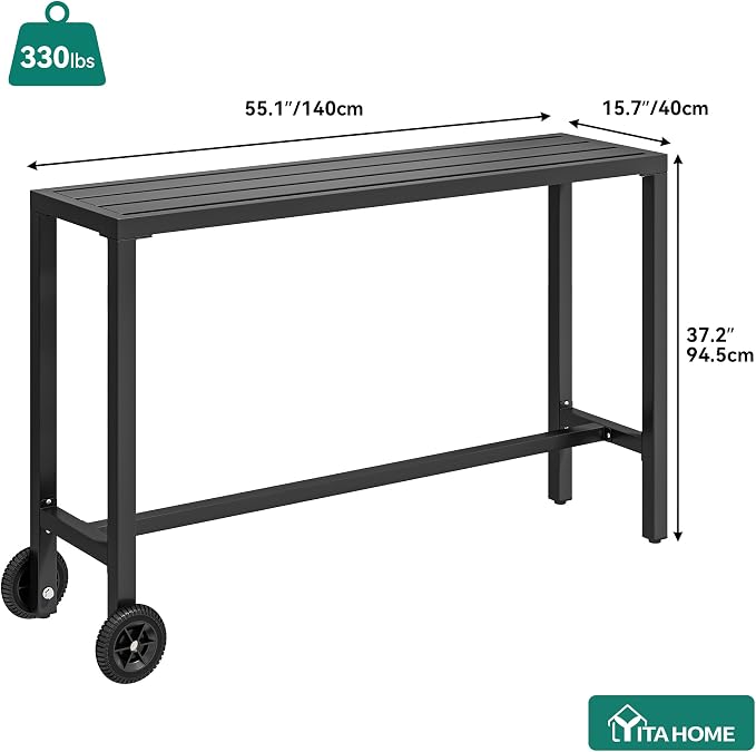 YITAHOME 55" Outdoor Bar Table | Rectangle Narrow Counter Height Table, Ideal Bar Height Table for Balcony, Patio, Garden, Yard, Poolside, Black