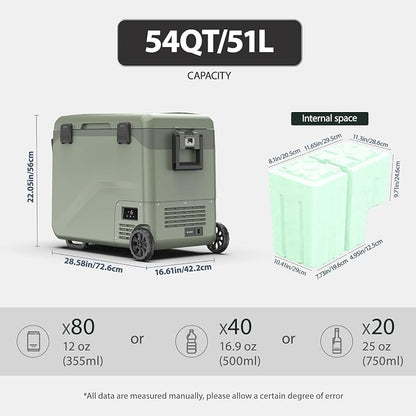 GS50W Portable Wheeled Car Freezer,54Quart 12V Car Refrigerator with Dual Zone,Electric Compressor Cooler -4℉~68℉ for Camping, RV, Truck, Travel, Outdoor