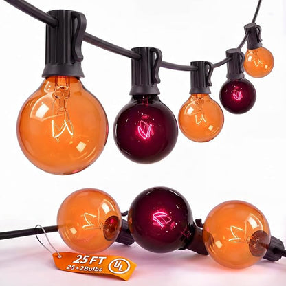 SUNSGNE 25FT G40 Halloween String Lights, Clear Orange Purple Globe Lights | 27 Glass Filament Bulbs(2 Spare), Orange Purple Halloween Glow, Vintage Glass Globe Design, Plug-In Power