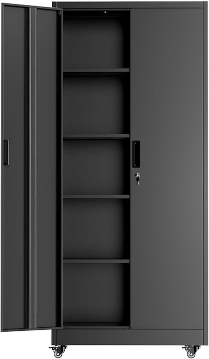 INTERGREAT 73" H Metal Storage Cabinet with Wheels, Locking Doors and Adjustable Shelves, Black Rolling Steel Tool Cabinet for Home Office, Garage, Warehouse