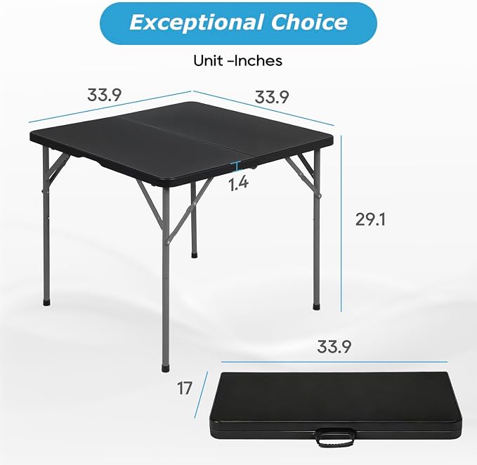 PayLessHere 34" Square Plastic Folding Card Table, Portable Outdoor Dining Table with Collapsible Legs and Carrying Handle,Plastic Tables for Camping,Picnic, Office, Party, Black