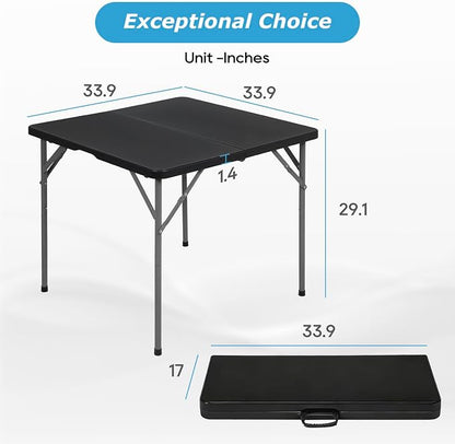 PayLessHere 34" Square Plastic Folding Card Table, Portable Outdoor Dining Table with Collapsible Legs and Carrying Handle,Plastic Tables for Camping,Picnic, Office, Party, Black