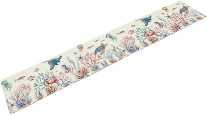 Nautical Coastal Table Runners Ocean Beach Coral Table Runners Starfish Blue Teal Seafood Drawing, Dining Room Kitchen Rectangular Runner, 13" X 120"