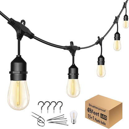 48FT Outdoor String Lights LED Heavy-Duty Waterproof Patio Lights | 15+1 Shatterproof Plastic Bulbs,2200K Warm White Bistro lights for Patio Gazebo Pergola Cafe Market