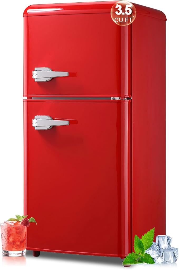 Retro Fridge with Freezer, 3.5 Cu. Ft. Mini Fridge Red | Small Refrigerator with 7-Level Adjustable Thermostat, Retro Compact Refrigerator 2-Door Fridges for Apartment/Dorm/Office/RV