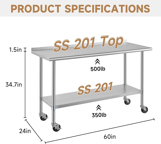 ROCKPOINT All Stainless Steel Prep Table with Caster & Backsplash 24x60 Inch，Commercial Heavy Duty Workbench with Stainless Legs & Adjustable Undershelf,850 lb Capacity for Outdoor Kitchens with Wheel