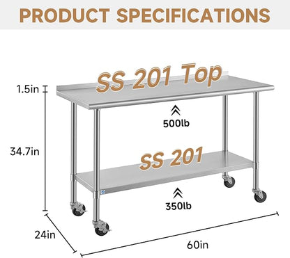 ROCKPOINT All Stainless Steel Prep Table with Caster & Backsplash 24x60 Inch，Commercial Heavy Duty Workbench with Stainless Legs & Adjustable Undershelf,850 lb Capacity for Outdoor Kitchens with Wheel