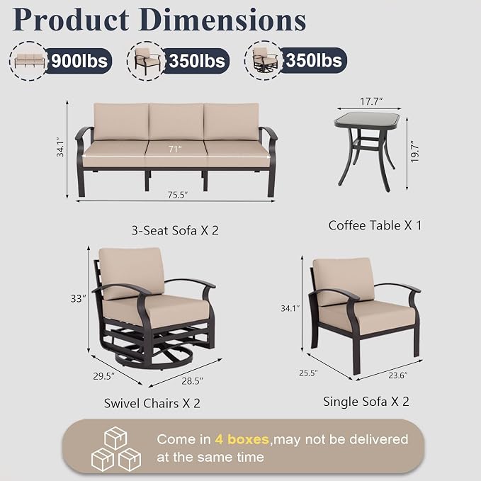 ALAULM Aluminum Patio Furniture Set with 2 Swivel Chairs 7-seat Metal Outdoor Furniture Patio Sectional Sofas Patio Conversation Set w/5.1" Cushions for Patio, Backyard, Poolside-Sand